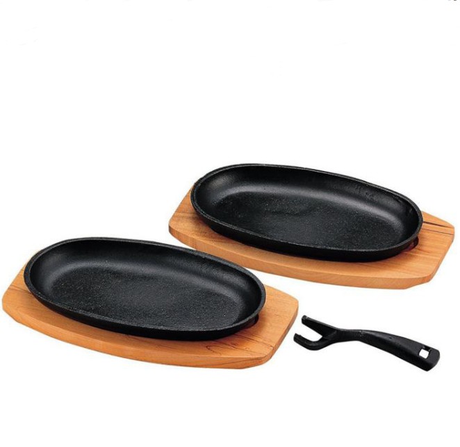 Solid Cast Iron Fajita Sizzler Skillet Pan With Wood Base & Handle, One Set